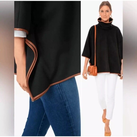 Tuckernuck One Size Black Leather Trim Funnel Neck Piper Poncho - Picture 11 of 11
